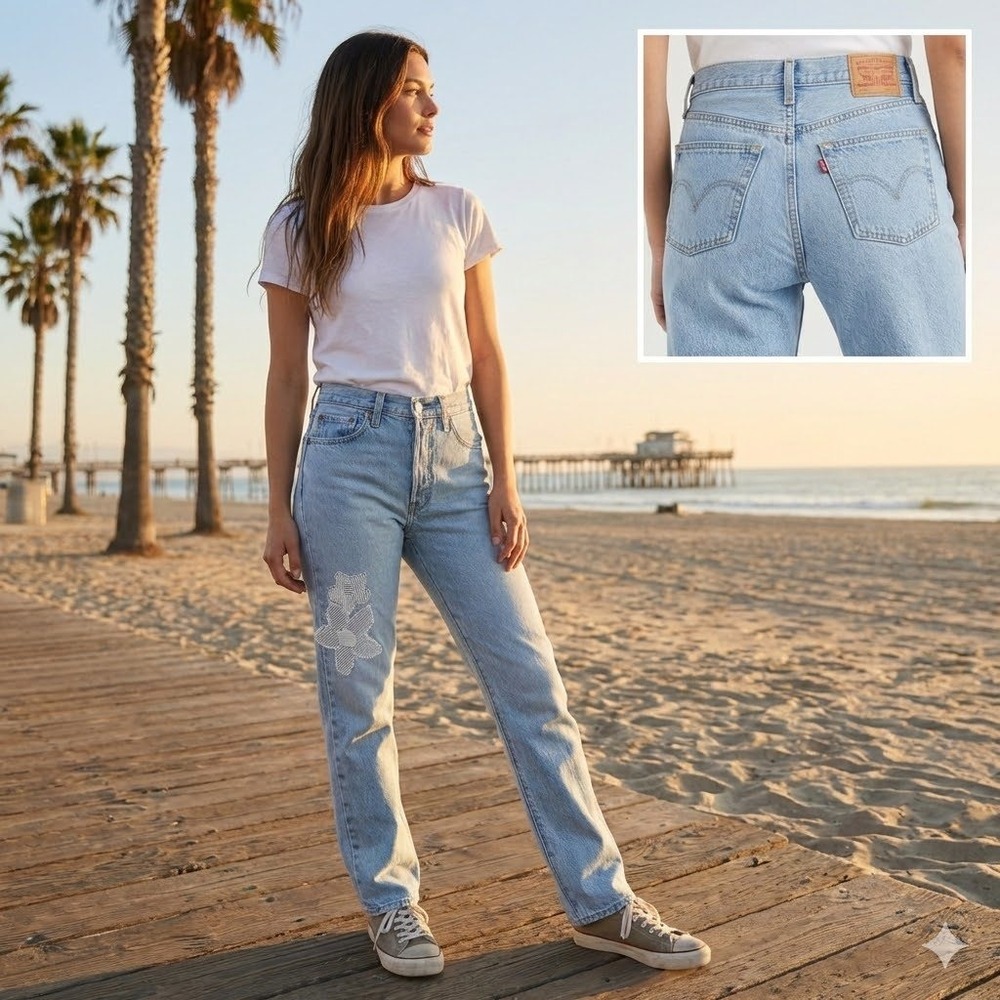 Levi's 501 Original Jeans Women 27x30 High Rise Floral Patch Light Wash Blue NWT